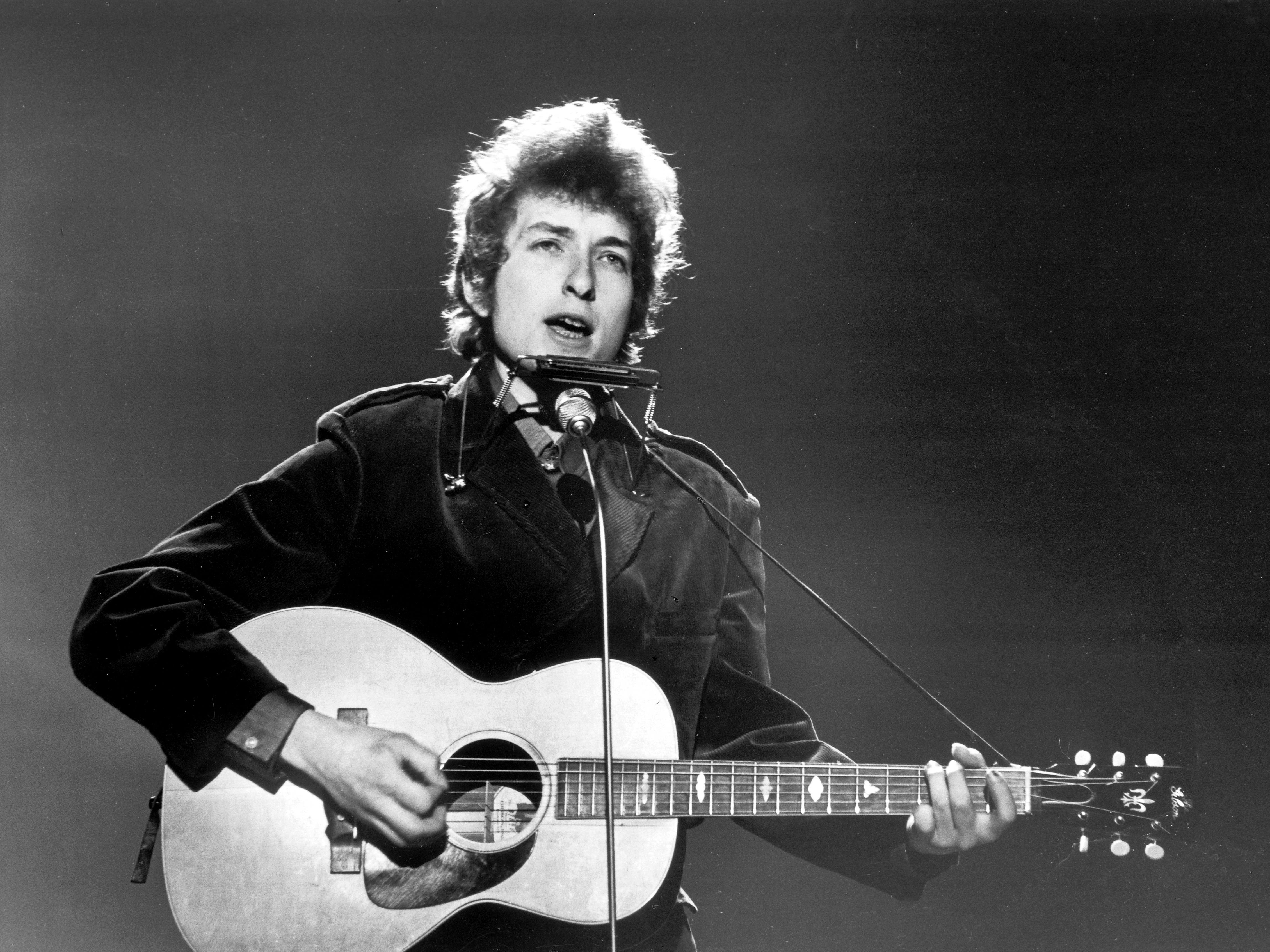 American folk-rock singer-songwriter Bob Dylan performing at BBC TV Centre, London, 1st June 1965.