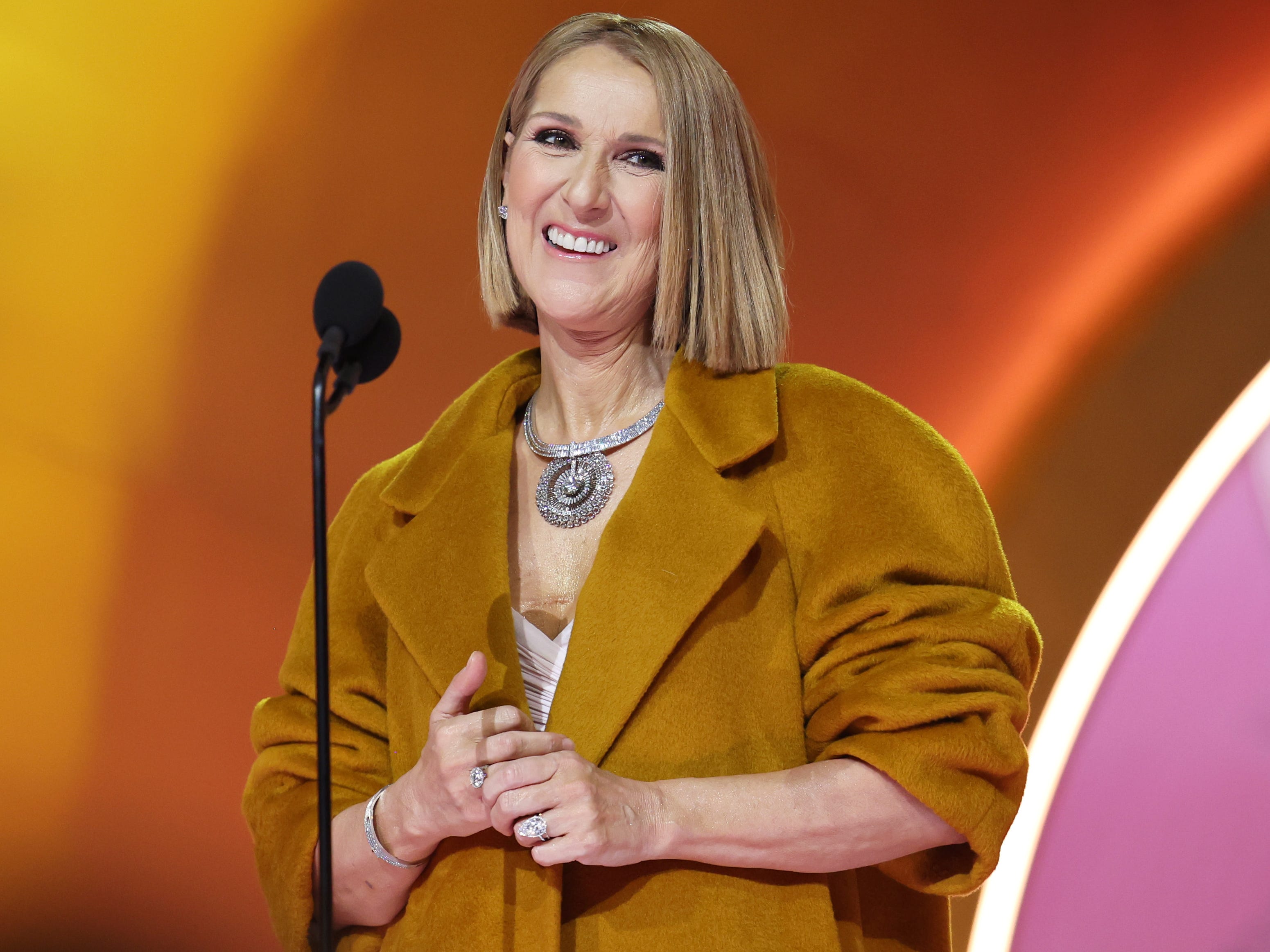 Celine Dion speaks onstage during the 66th GRAMMY Awards at Crypto.com Arena on February 04, 2024