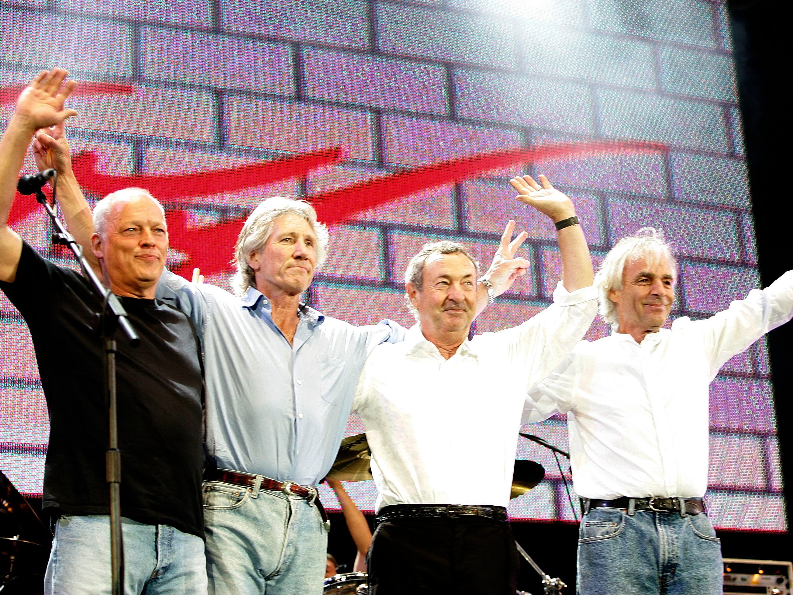 David Gilmour, Roger Waters, Nick Mason and Rick Wright from the band Pink Floyd on stage at "Live 8 London" in Hyde Park on July 2, 2005