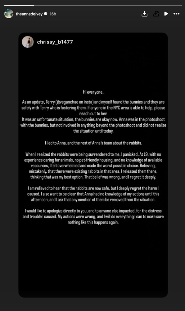 Screenshot of Instagram post apologizing for releasing rabbits.