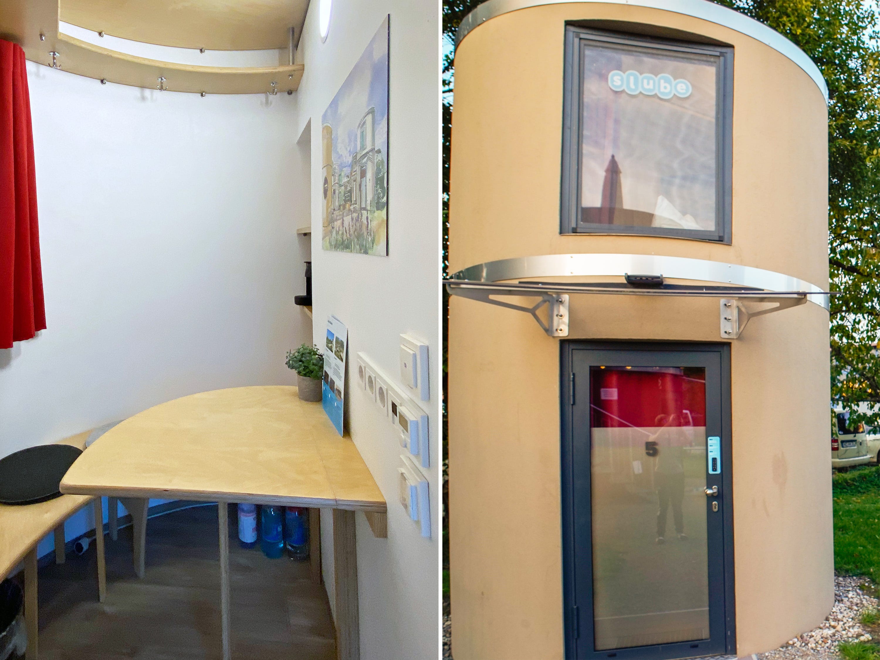 A composite image of the interior and exterior of the author's accommodation at the tiny home hotel