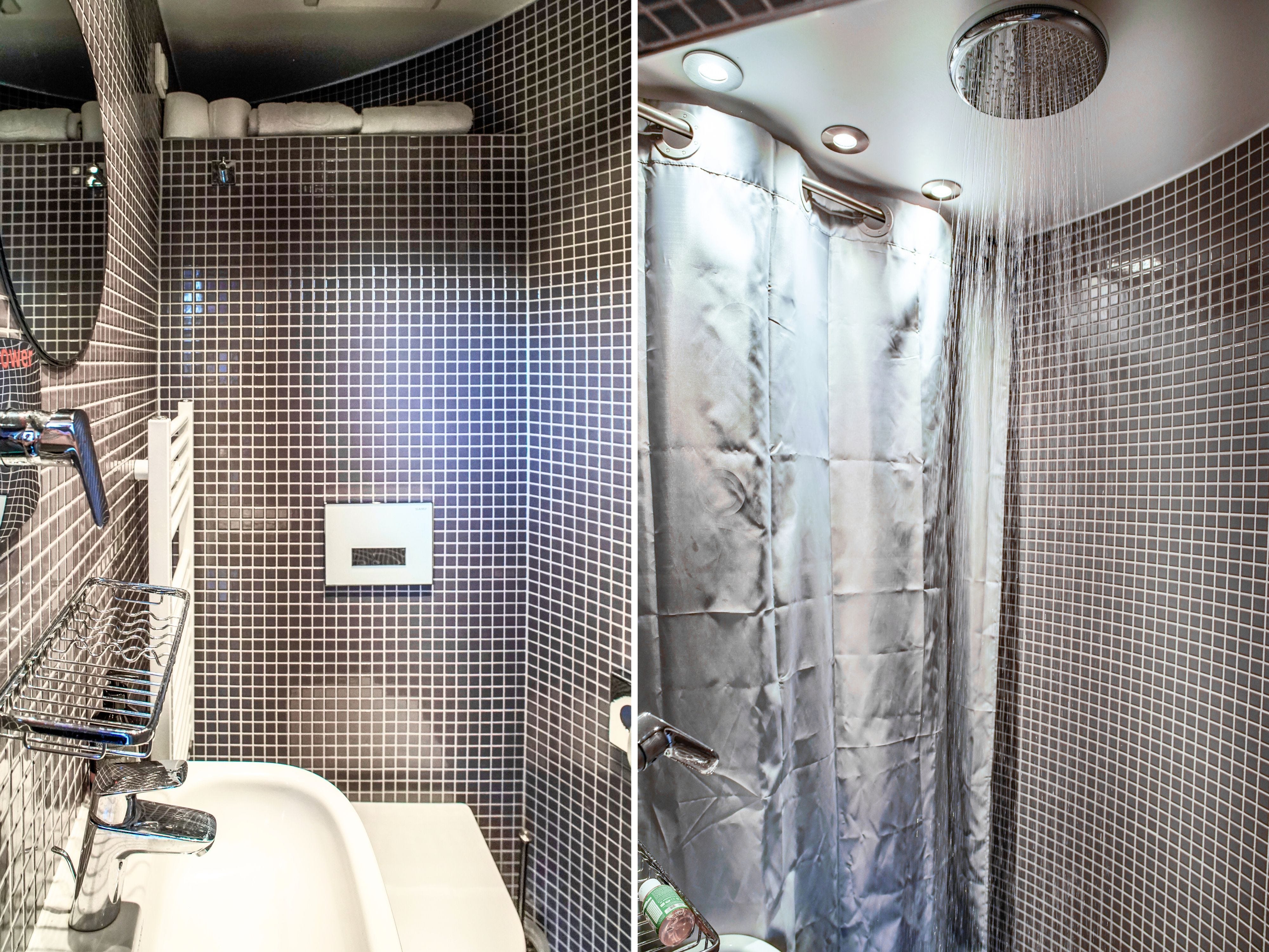 A composite image of a small bathroom's sink and shower