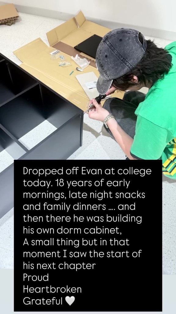 Lauren Sánchez's son Evan building a cabinet for his dorm room.