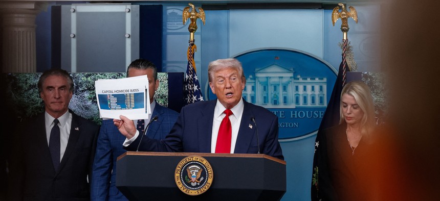 At the White House on Aug. 11, President Trump painted an inaccurate picture of the public-safety situation in Washington, D.C., where violent crime is down 26% from last year.