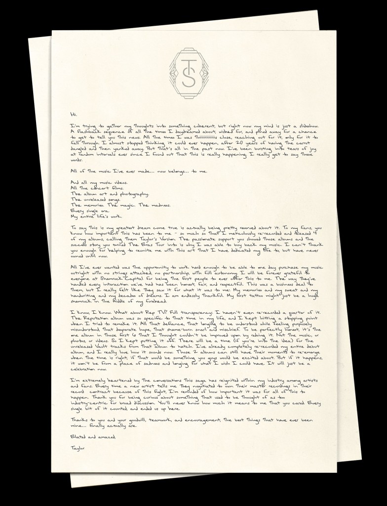 Taylor Swift announces she purchased her masters.