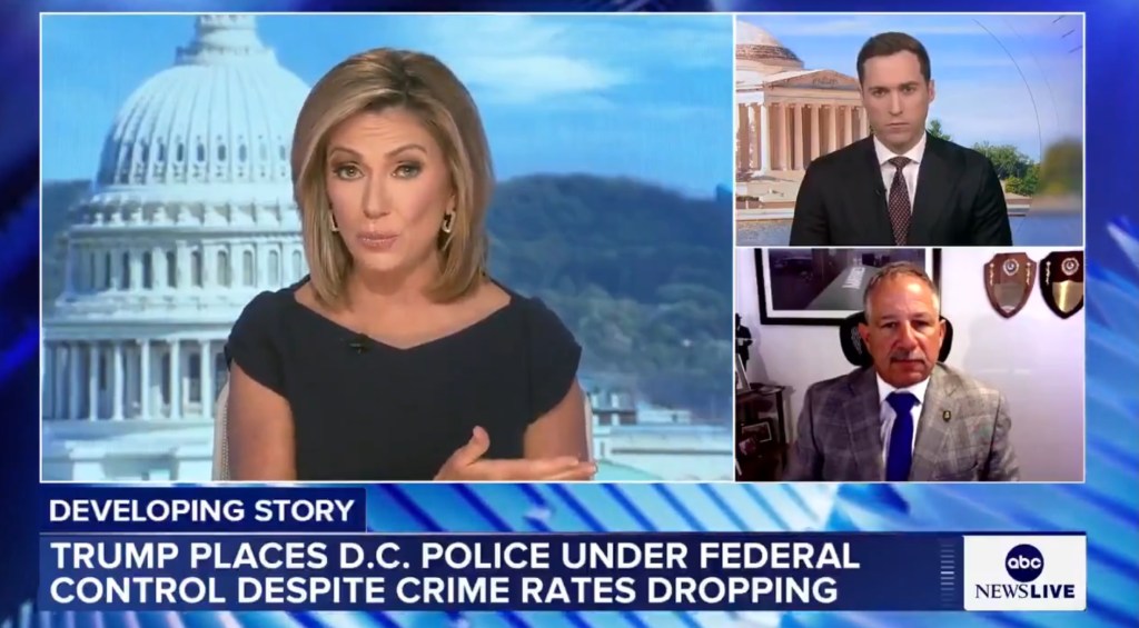ABC News report on Trump placing D.C. police under federal control despite dropping crime rates.