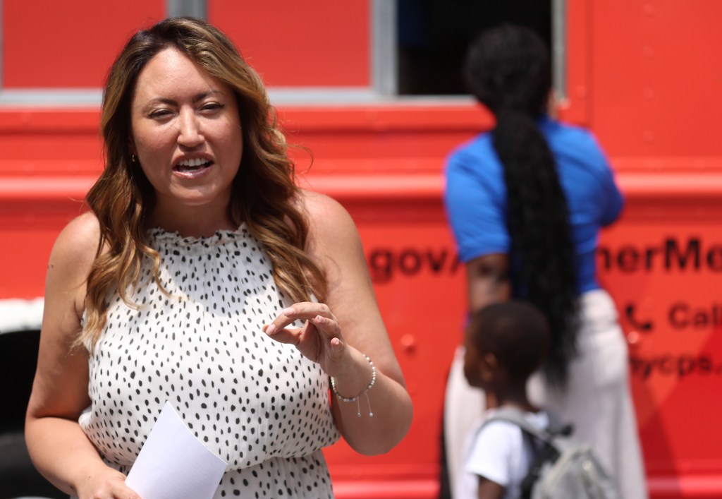 NYC Schools Chancellor Melissa Aviles-Ramos speaking at a press event announcing free meals for children.