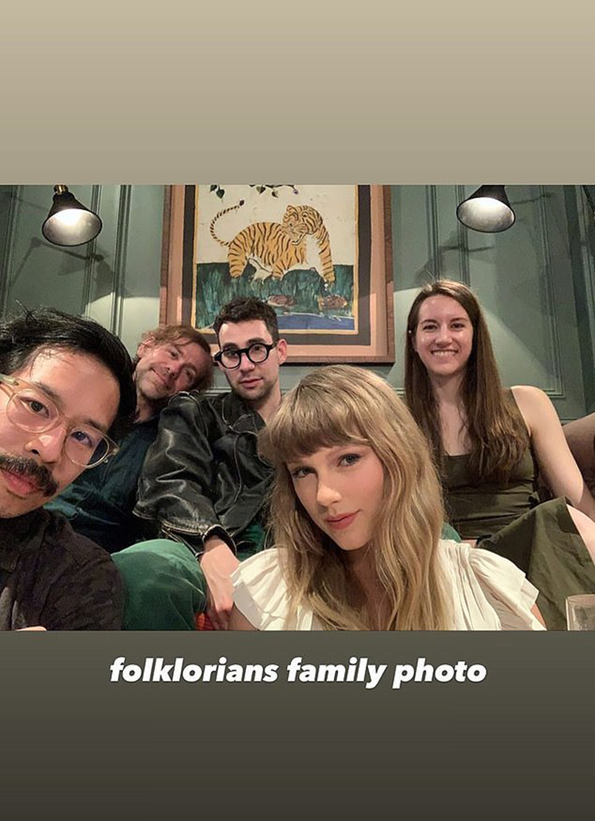 A selfie of Jack Antonoff, Aaron Dessner, Laura Sisk, Jonathan Low and Taylor Swift
