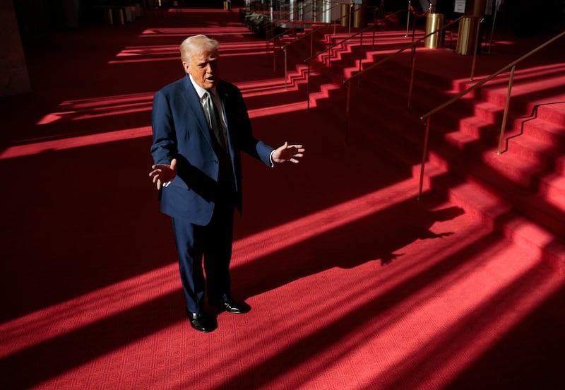WASHINGTON, DC - MARCH 17: U.S. President Donald Trump talks to the media in the Hall of Nations during a tour at the John F. Kennedy Center for the Performing Arts after leading a board meeting on March 17, 2025 in Washington, DC. After shunning the annual Kennedy Center Honors during his first term in the White House, Trump fired the center’s president, removed the bipartisan board of Biden appointees and named himself Chairman of the storied music, theater and dance institution. (Photo by Chip Somodevilla/Getty Images)