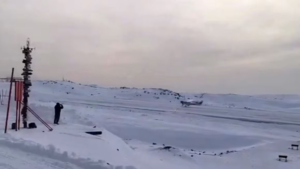 A small plane on a snowy runway in Antarctica.