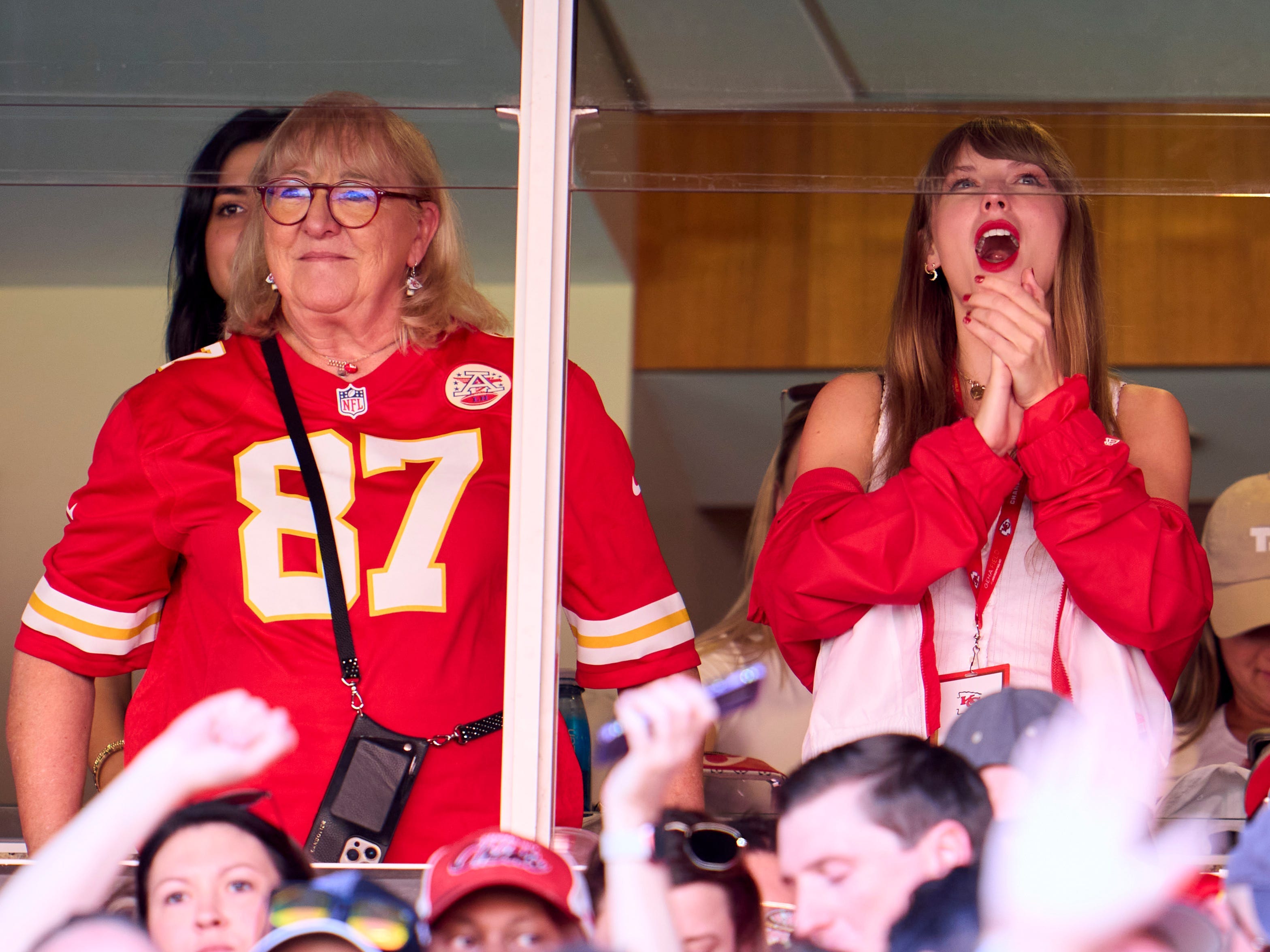 Taylor Swift cheers from a suite with Donna Kelce as the Kansas City Chiefs play the Chicago Bears during the first half at GEHA Field at Arrowhead Stadium on September 24, 2023 in Kansas City, Missouri.