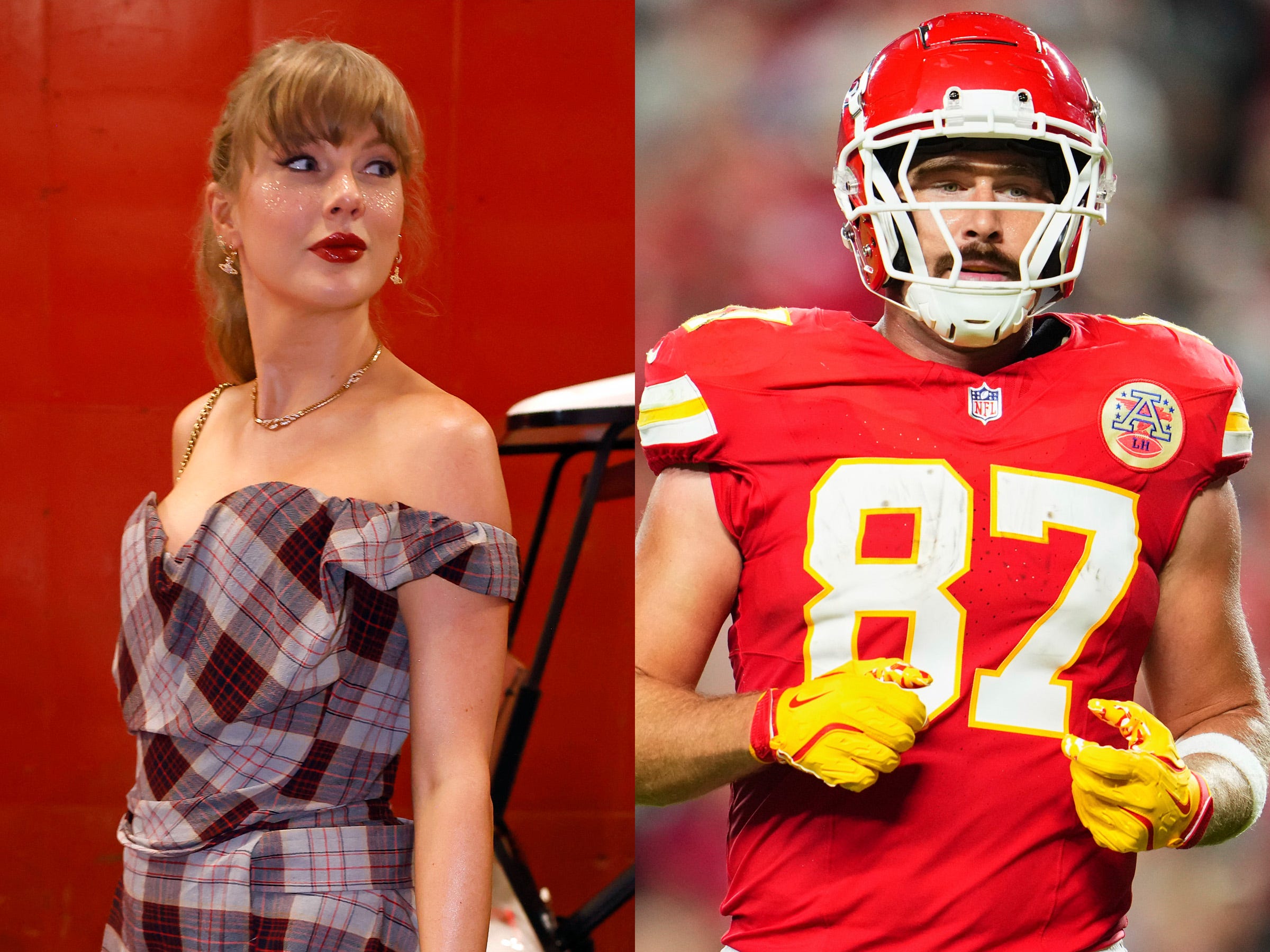 Taylor Swift and Travis Kelce at the Chiefs game in Kansas City on October 7, 2024.