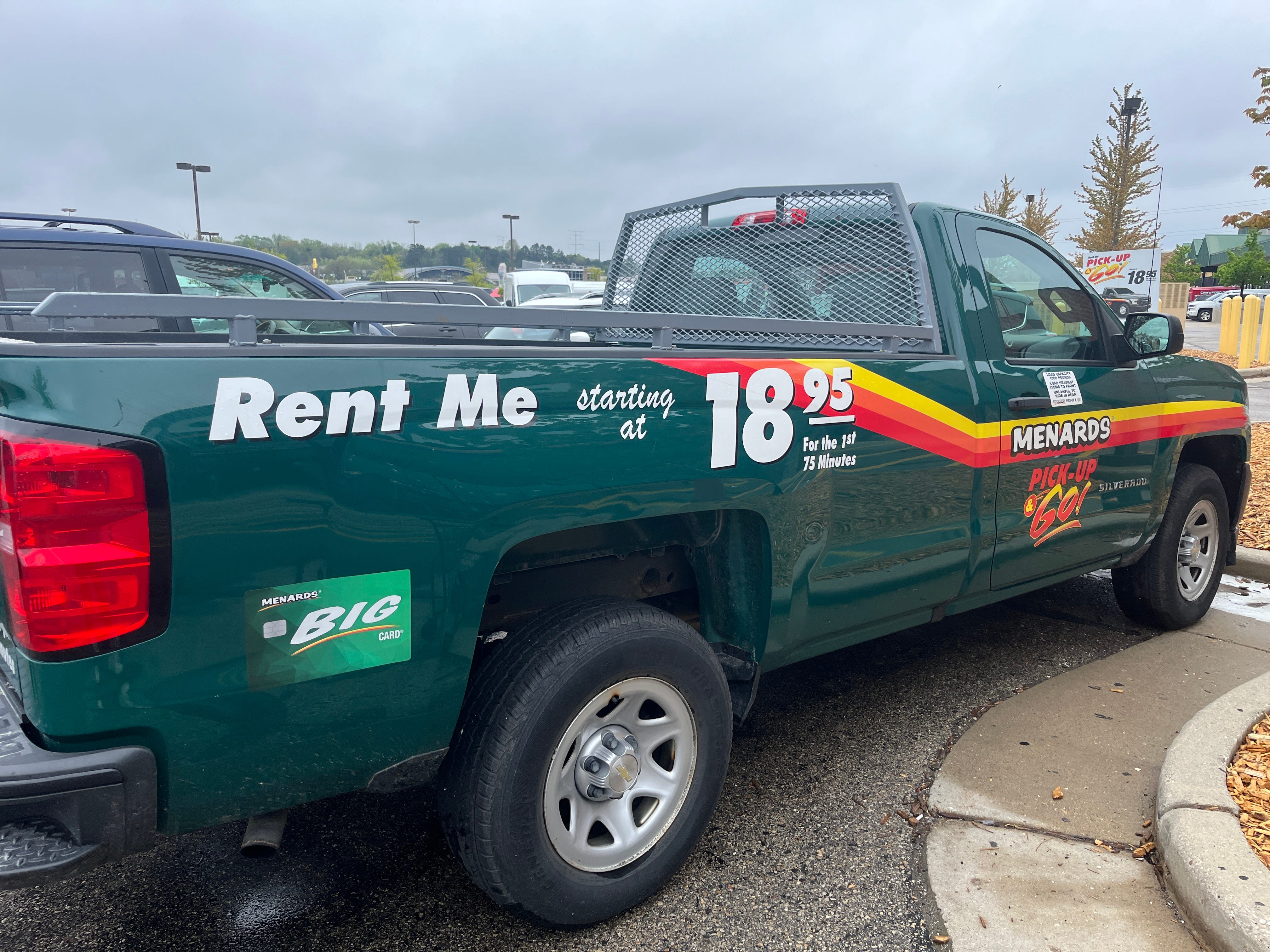 A pickup truck available for rent at Menards.
