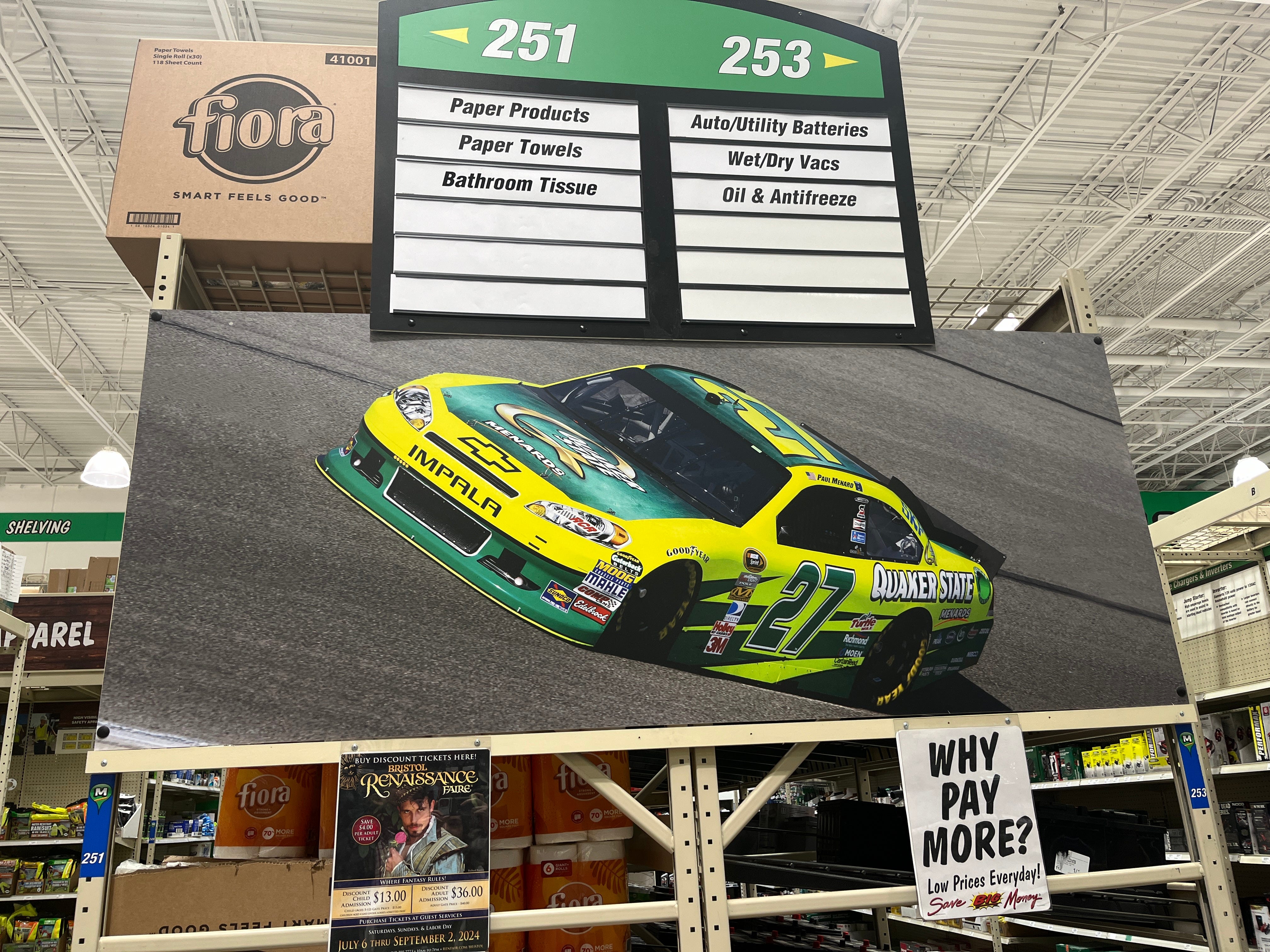 Racecar-themed decor at Menards.
