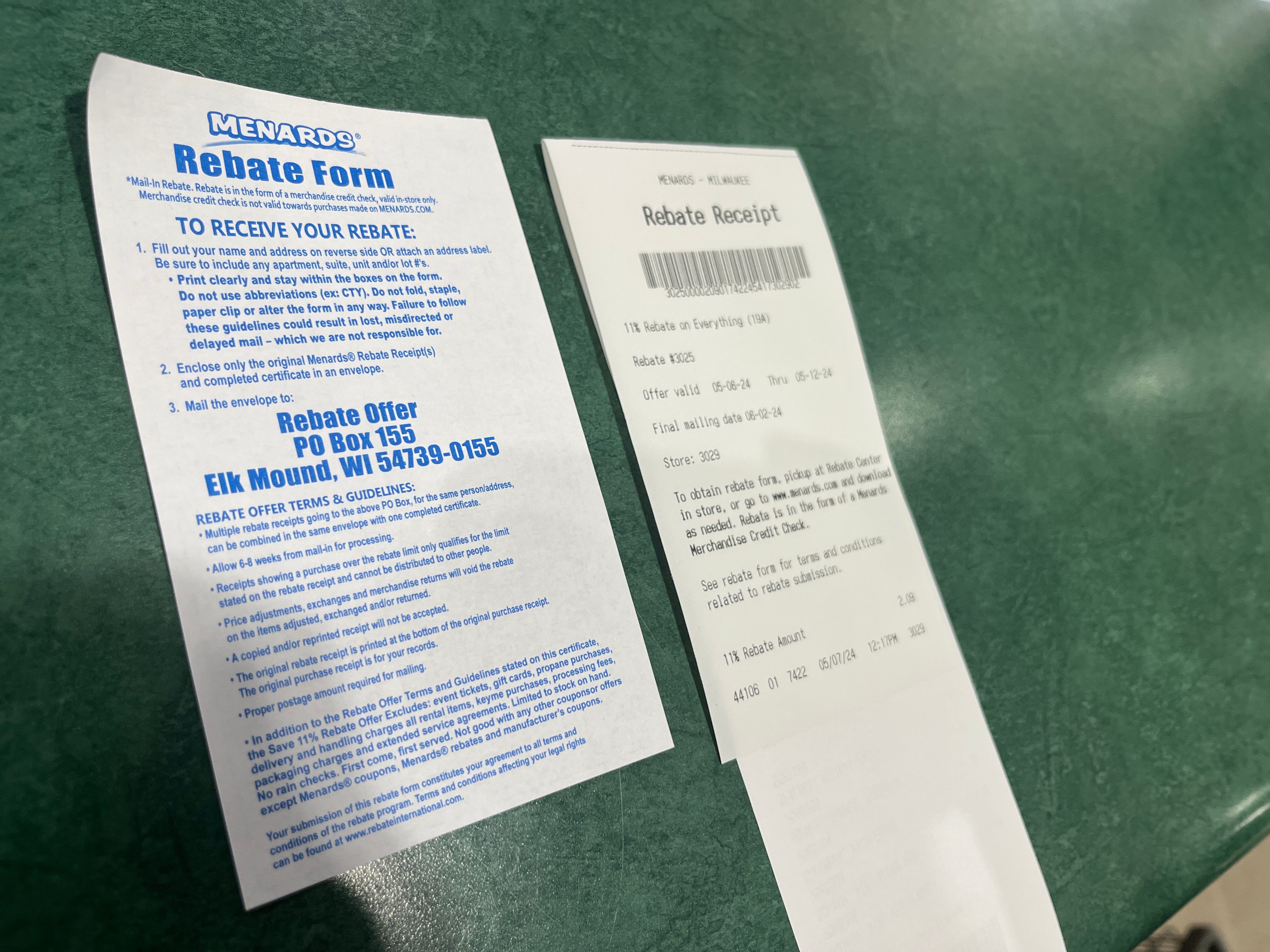 A Menards rebate form.