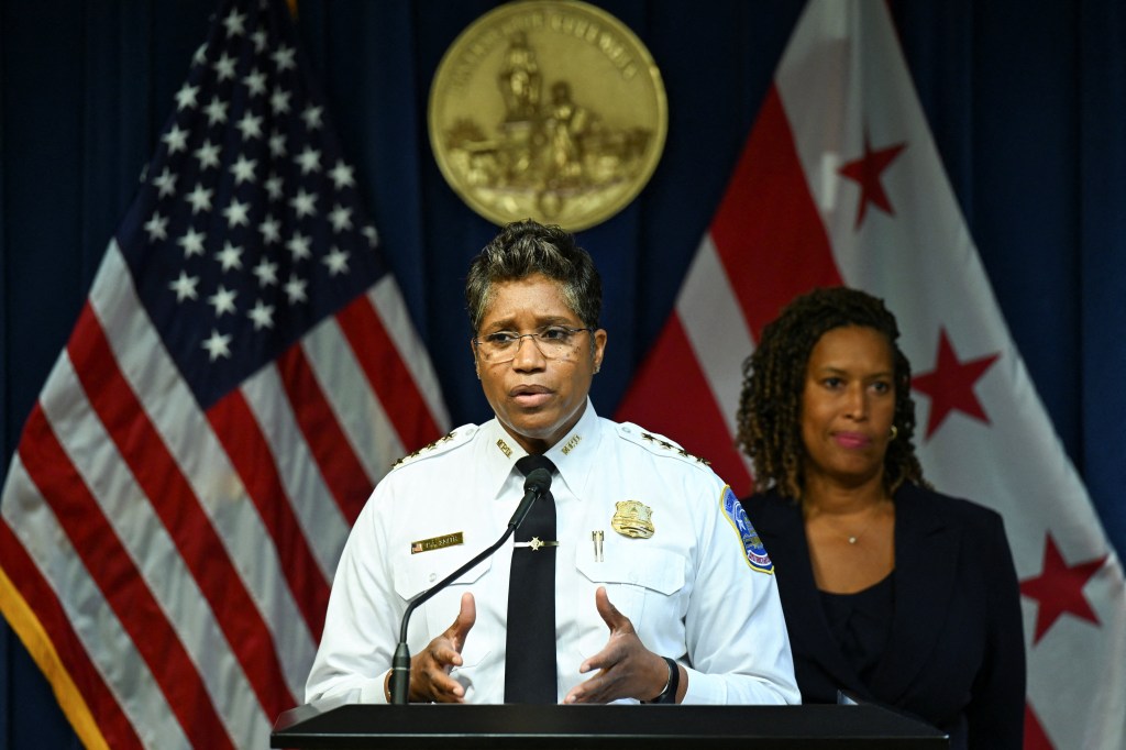 D.C. Police Chief Pamela A. Smith at a press conference with Mayor Muriel Bowser.