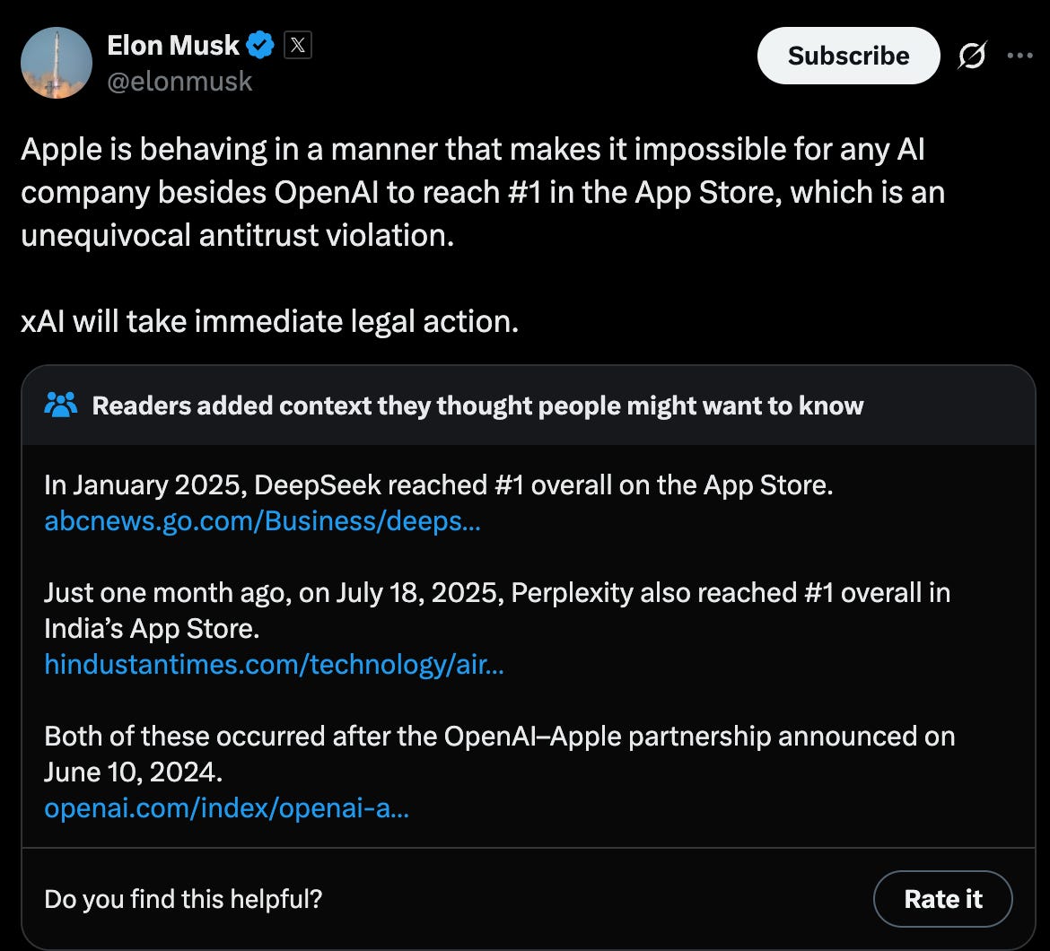 A screenshot of the reader Community Note adding context to Elon Musk's post on X about Apple.