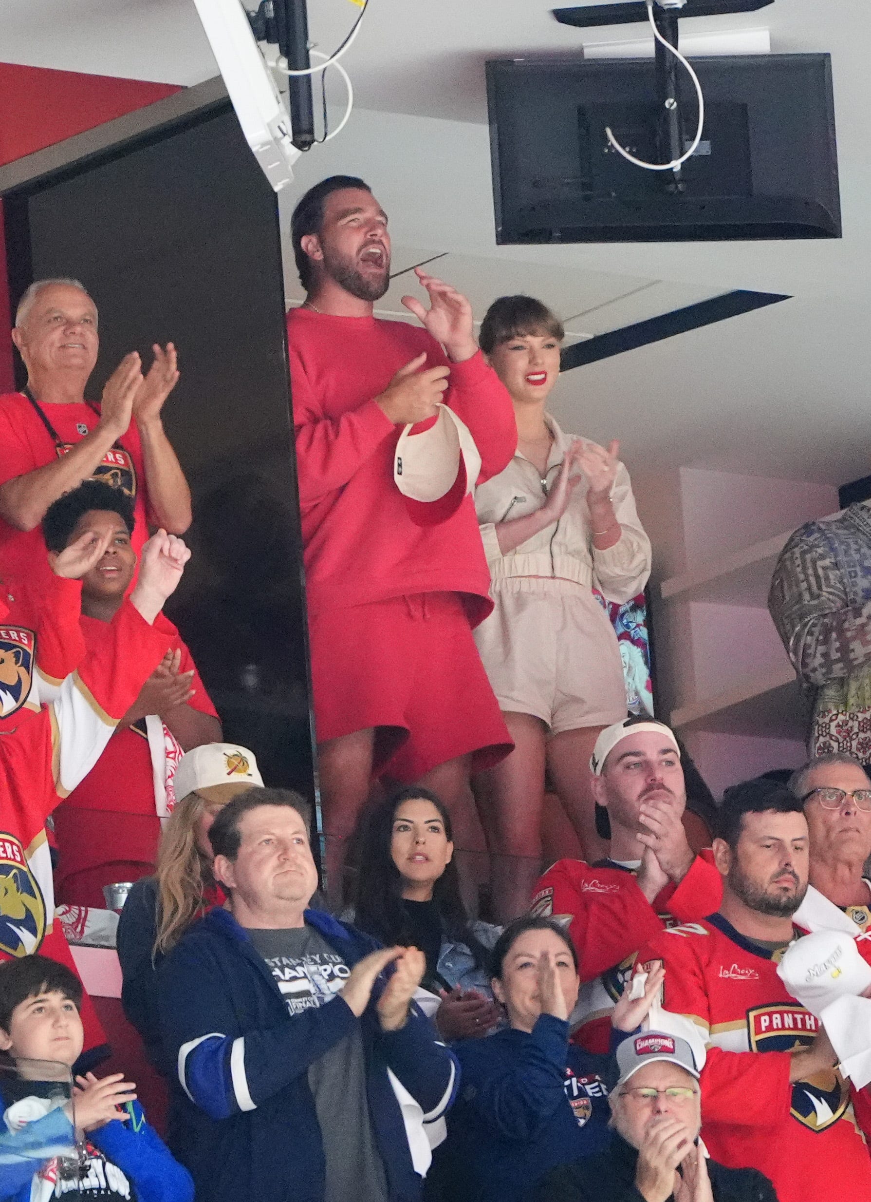 Taylor Swift and Travis Kelce attend the Stanley Cup Finals in June 2025.