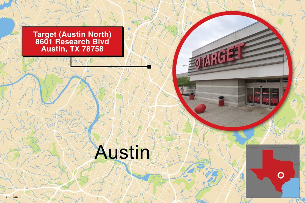 Map showing the location of a Target store in Austin, Texas.