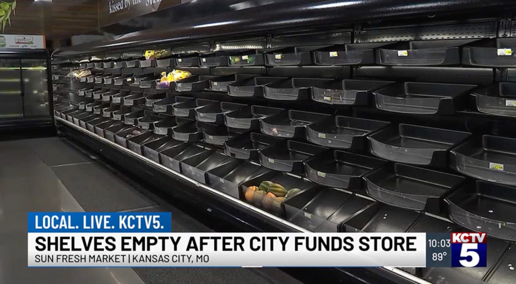 Empty produce shelves at a Kansas City grocery store.