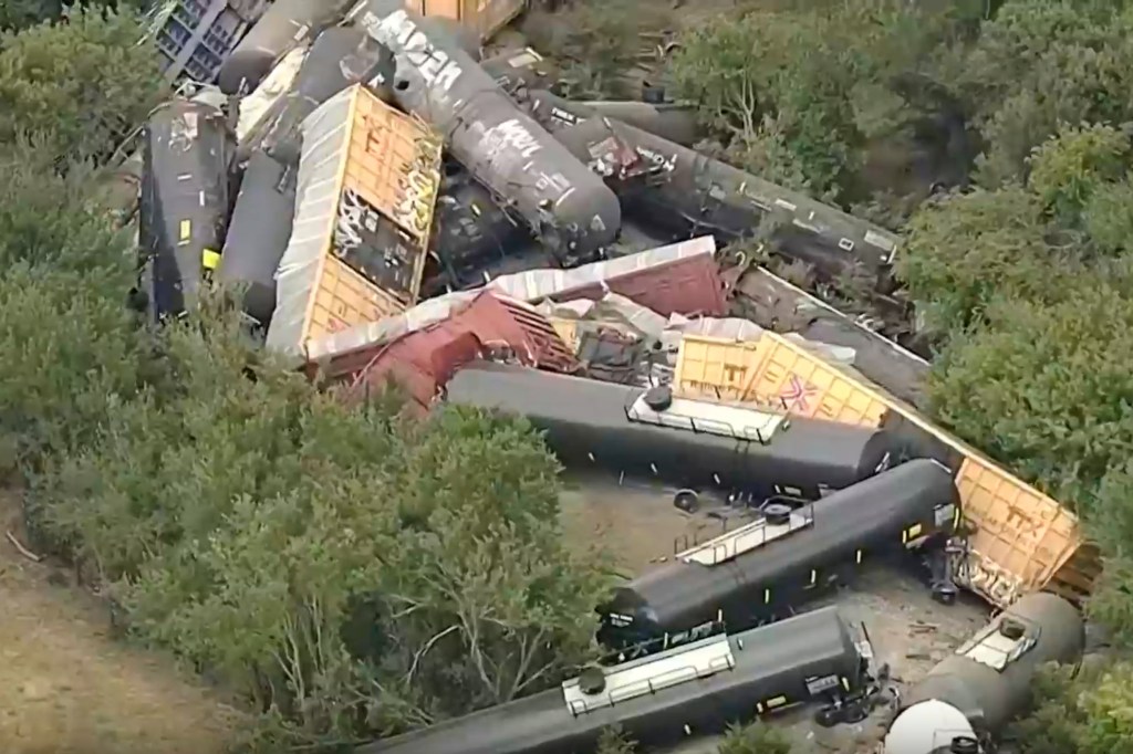 Aerial view of derailed train cars in Gordon, Texas.