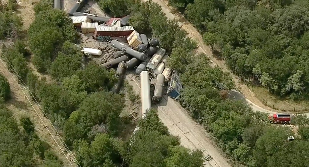 Aerial view of a train derailment in Gordon, Texas.