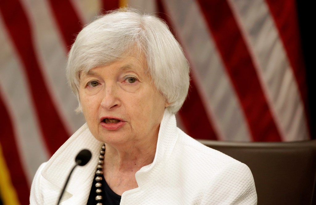 Janet Yellen speaking at a news conference.