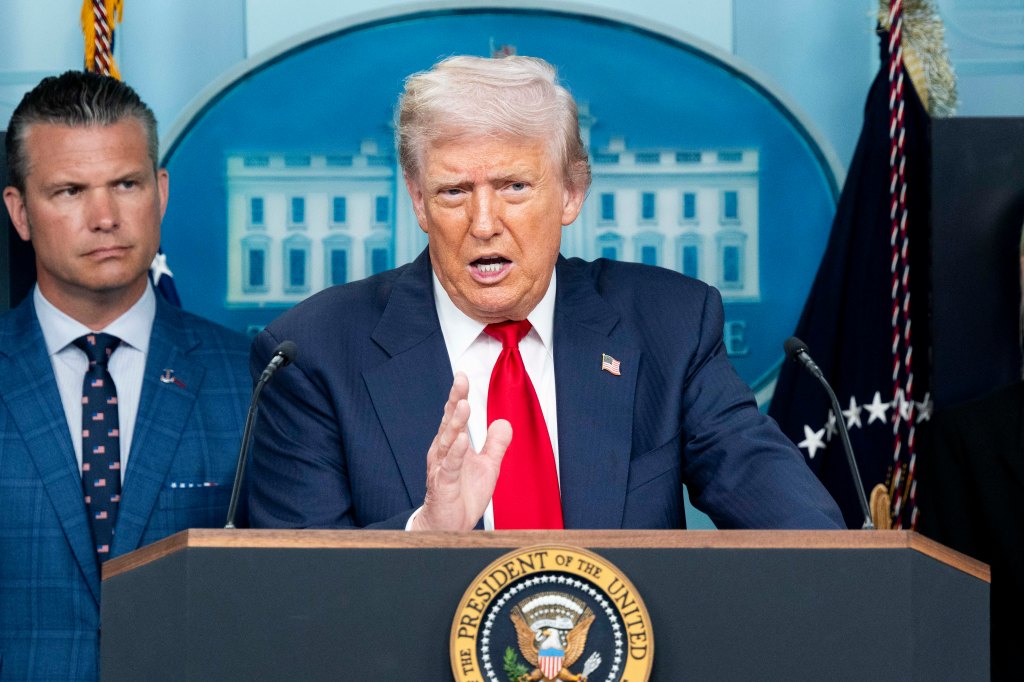 President Trump speaking at a press conference.