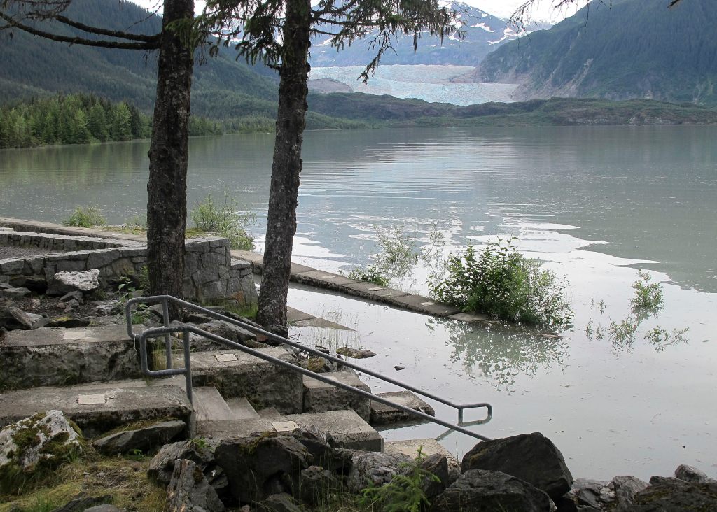 High water levels from Mendenhall Lake encroach on a picnic area in Juneau, Alaska on July 11, 2025.