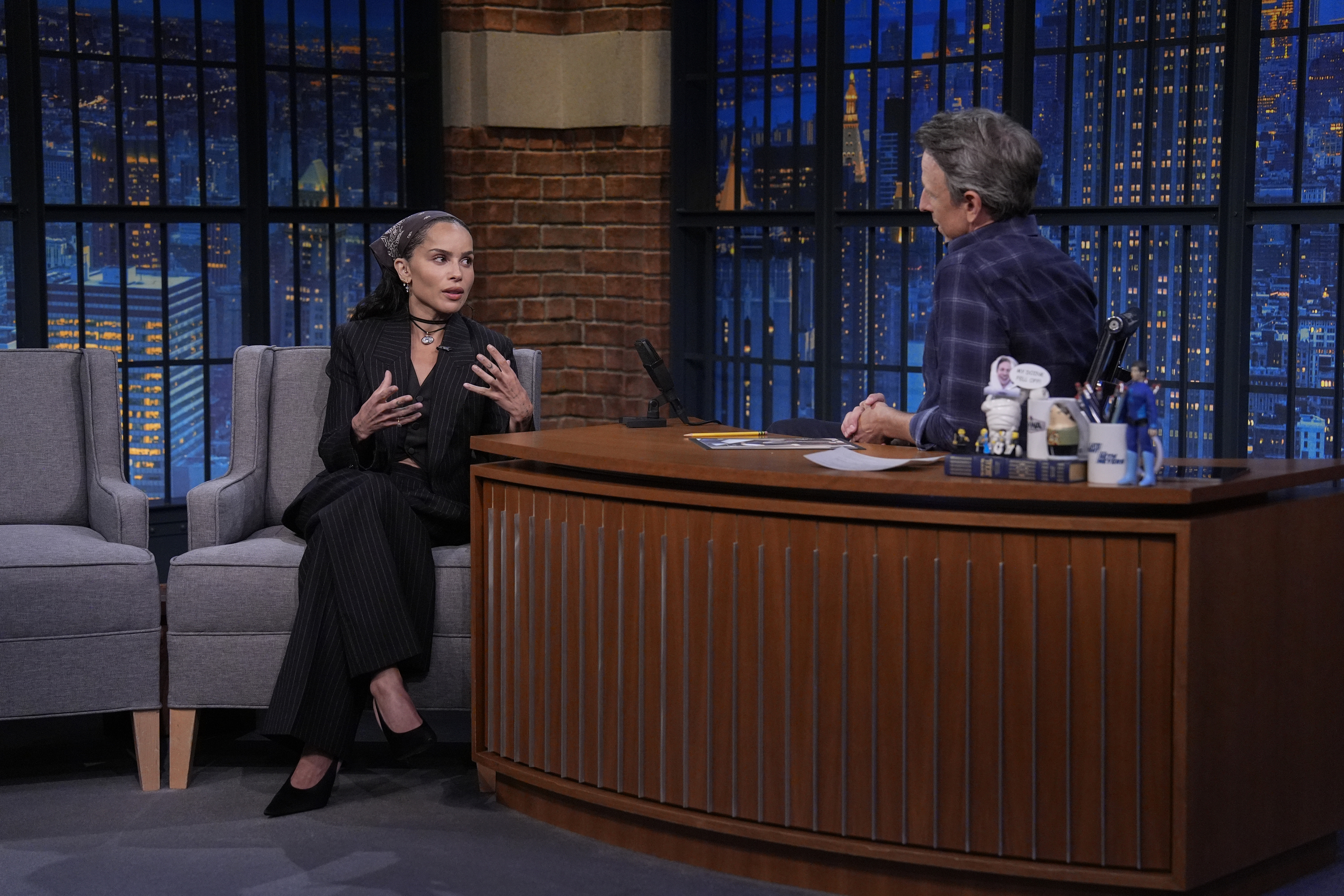 Zoë Kravitz during an interview with host Seth Meyers on August 12, 2025.