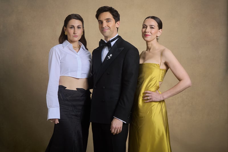 Jen Statsky, Paul W Downs, Lucia Aniello during the 82nd Annual Golden Globes held at The Beverly Hilton on January 05, 2025 in Beverly Hills, California. (Photo by Dan Doperalski/GG2025/Penske Media via Getty Images)