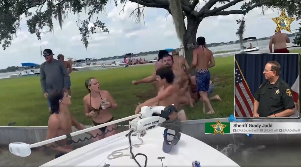 Screenshot of a fight at a lakeside party, with an inset of Sheriff Grady Judd speaking.