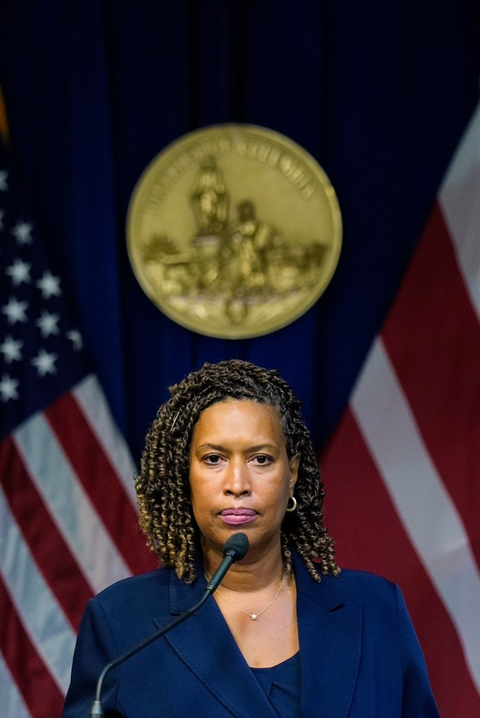 Washington, DC, Mayor Muriel Bowser takes questions from reporters during a news conference on Aug. 11, 2025.