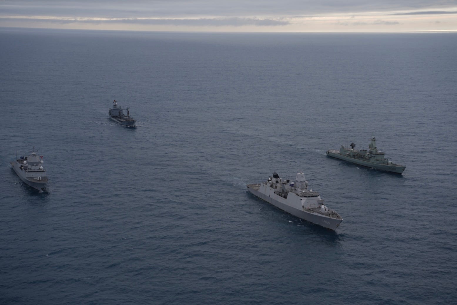 HNLMS De Ruyter, HNoMS Thor Heyerdahl, NRP Bartolomeu Dias, and FGS Rhön, all currently attached to NATO's Standing NATO Maritime Group 1, operate together in waters off Northern Norway and High North regions.