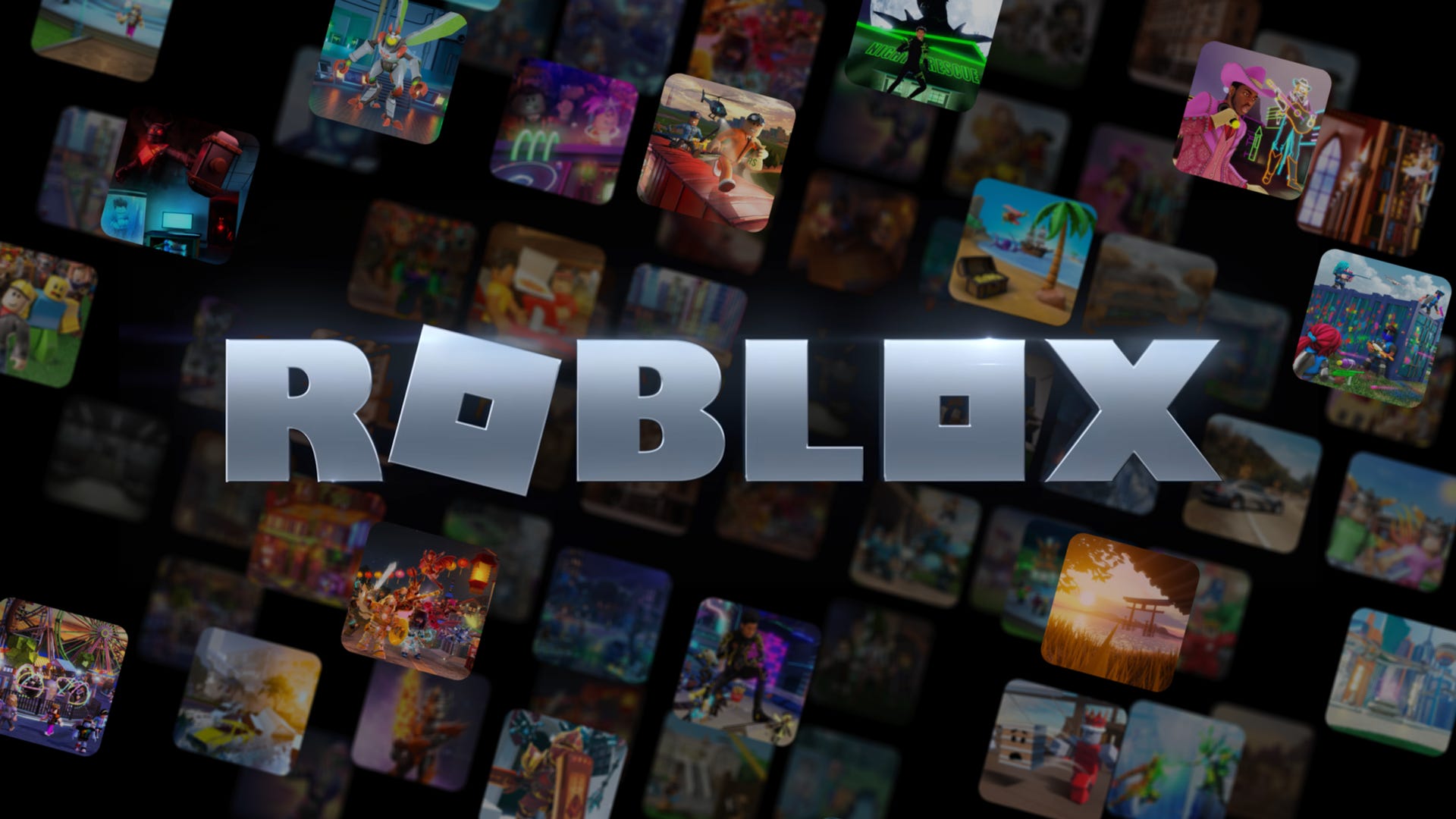 Roblox new logo over images of the platform