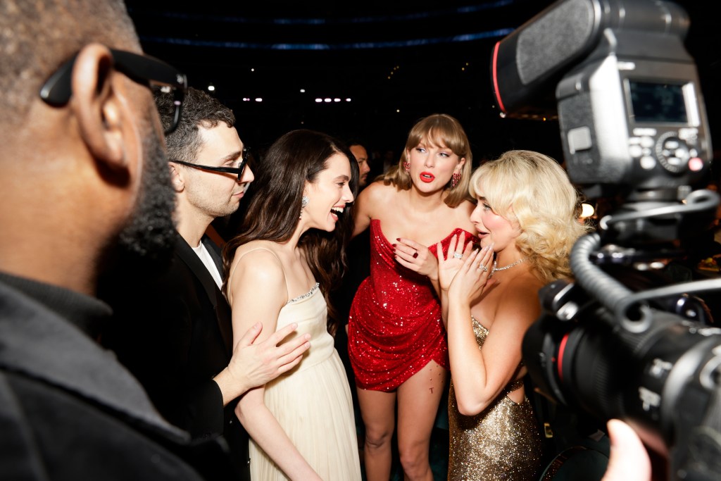Margaret Qualley, Taylor Swift and Jack Antonoff at February 2025 Grammys