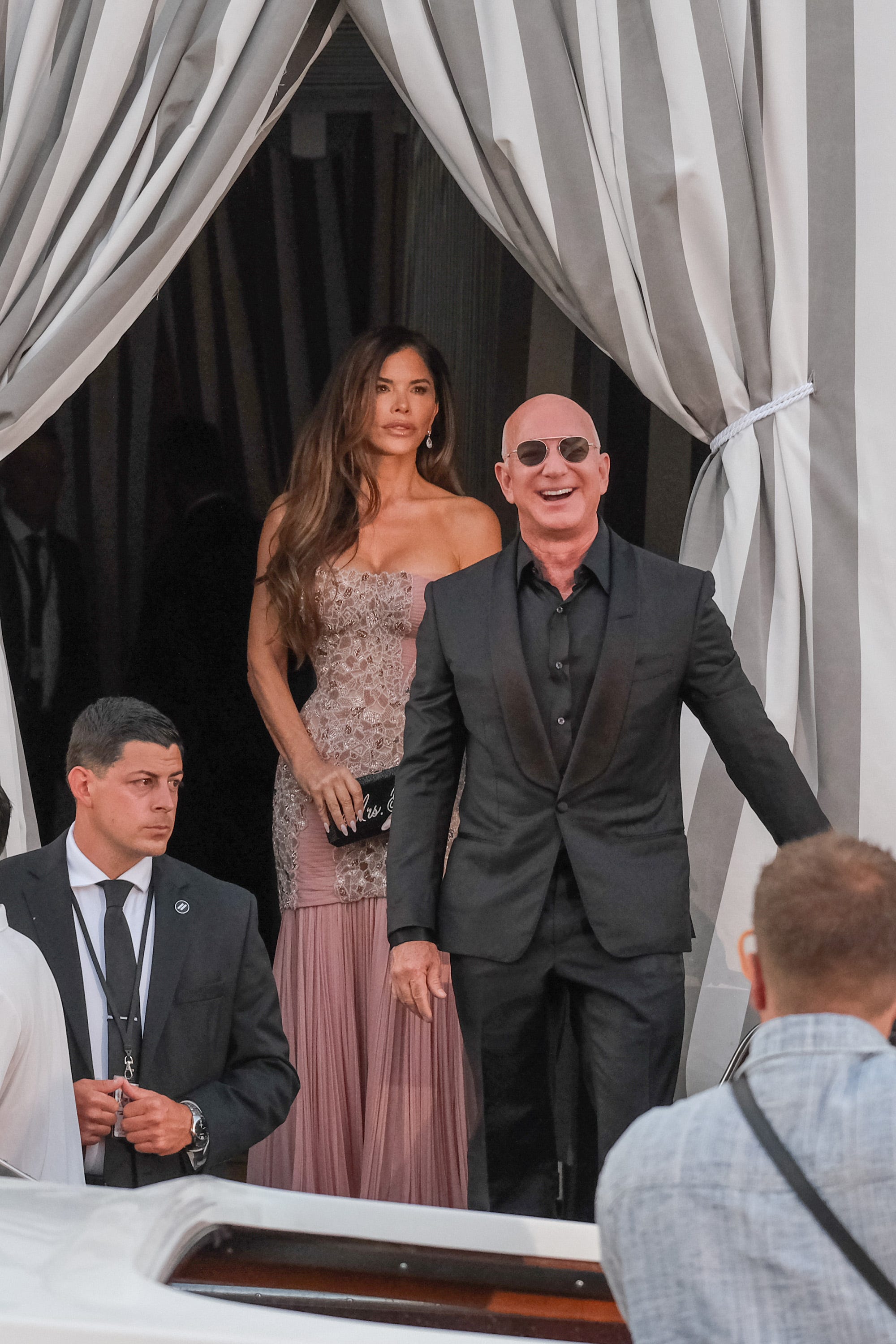 Jeff Bezos and Lauren Sánchez leaving the Aman Hotel for a party at the Arsenale in June 2025 in Venice, Italy.