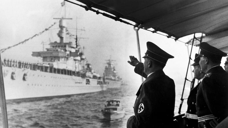 Hitler salutes the shipbuilders at the launch of the Bismarck Hamburg