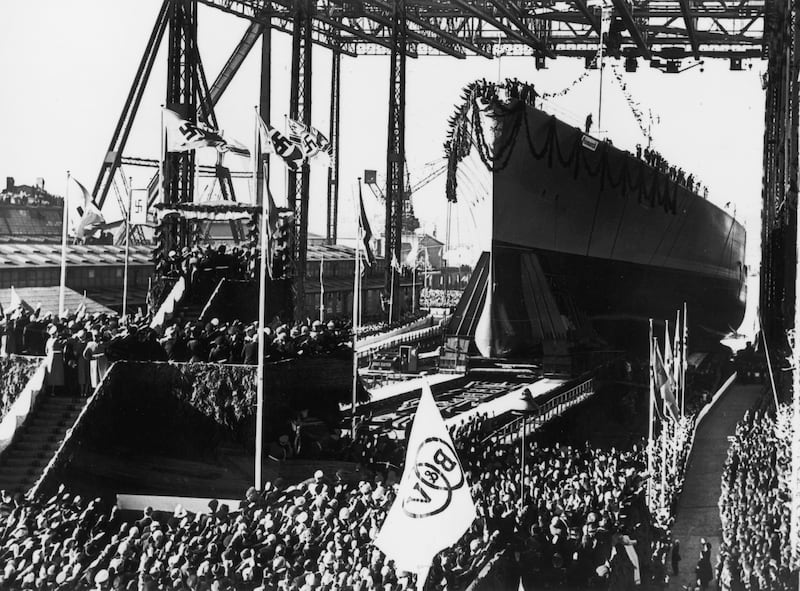 14th February 1939: Adolf Hitler attends the launch of the 'Bismarck', Germany's first post-war 35,000 ton battleship, at the Blohm & Voss shipyard, Hamburg. She was named after the 'Iron Chancellor' Otto Von Bismarck, father of unified Germany. (Photo by Keystone/Getty Images)