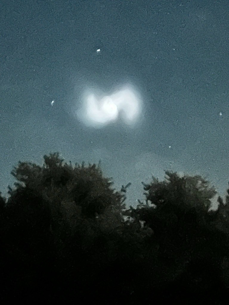 Night sky with a bright, swirling orb above a silhouetted tree line.