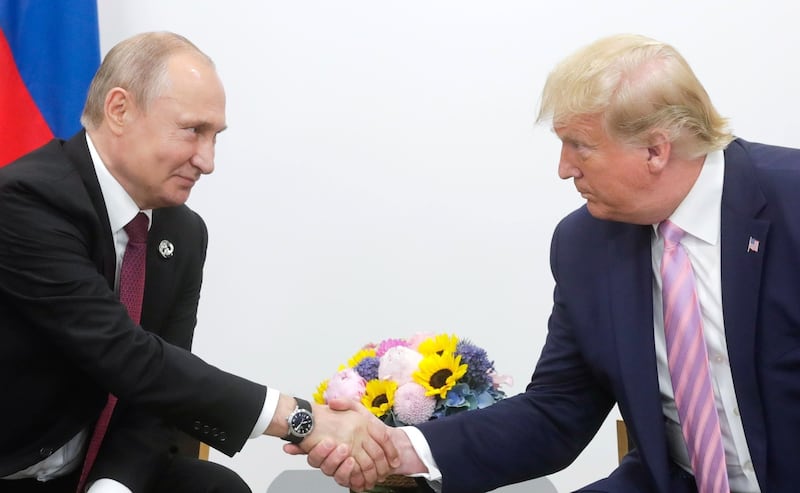 U.S. President Donald Trump meets Russian President Vladimir Putin on the first day of the G20 summit in Osaka, Japan on June 28, 2019.