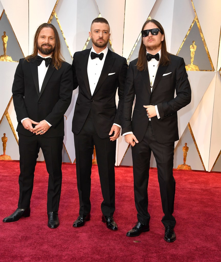 Producer Max Martin, musician Justin Timberlake and producer Karl Johan Schuster arrives at the 89th Annual Academy Awards at Hollywood & Highland Center on February 26, 2017 in Hollywood, Calif