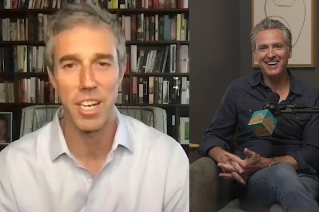 Beto O'Rourke and Gavin Newsom in a split screen video.