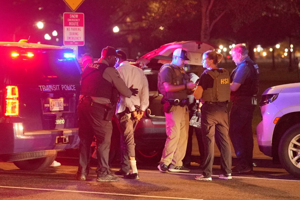 Metro Police and Homeland Security Investigations agents search the vehicle of a person detained during a traffic stop in Washington DC.