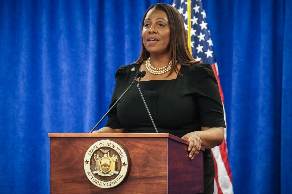 New York State Attorney General Letitia James speaks during a press briefing on Feb. 16, 2024.