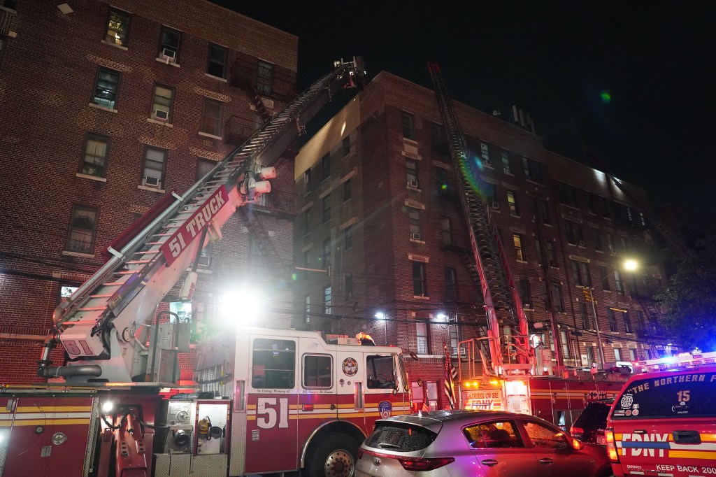 FDNY Ladder 51 at the scene of a fire on Carpenter Avenue in the Bronx on Aug. 13, 2025.