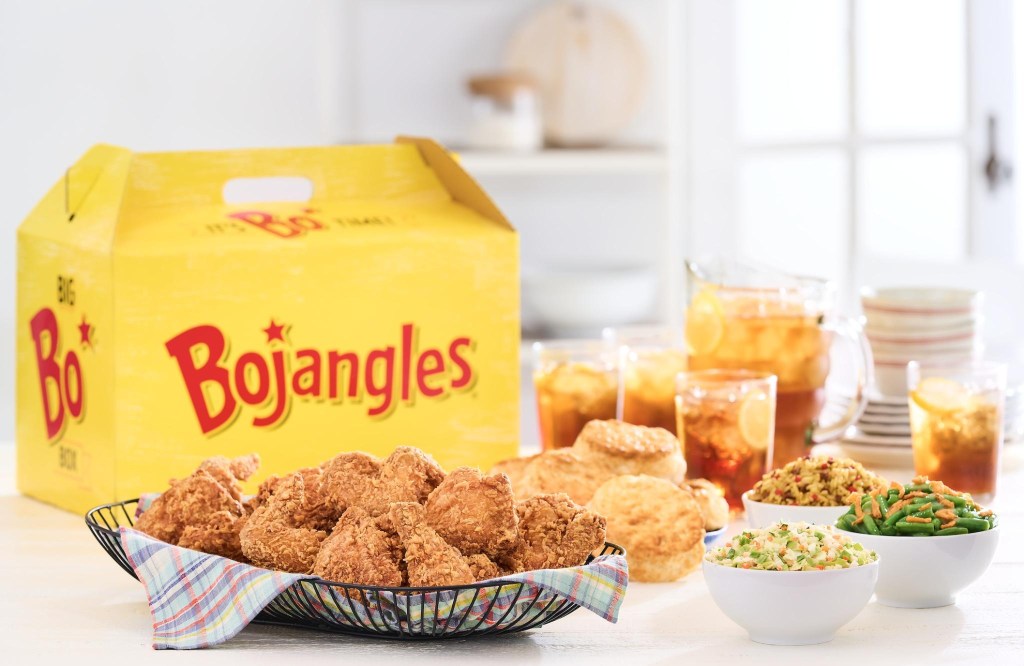 Bojangles fried chicken, biscuits, sides, and iced tea.