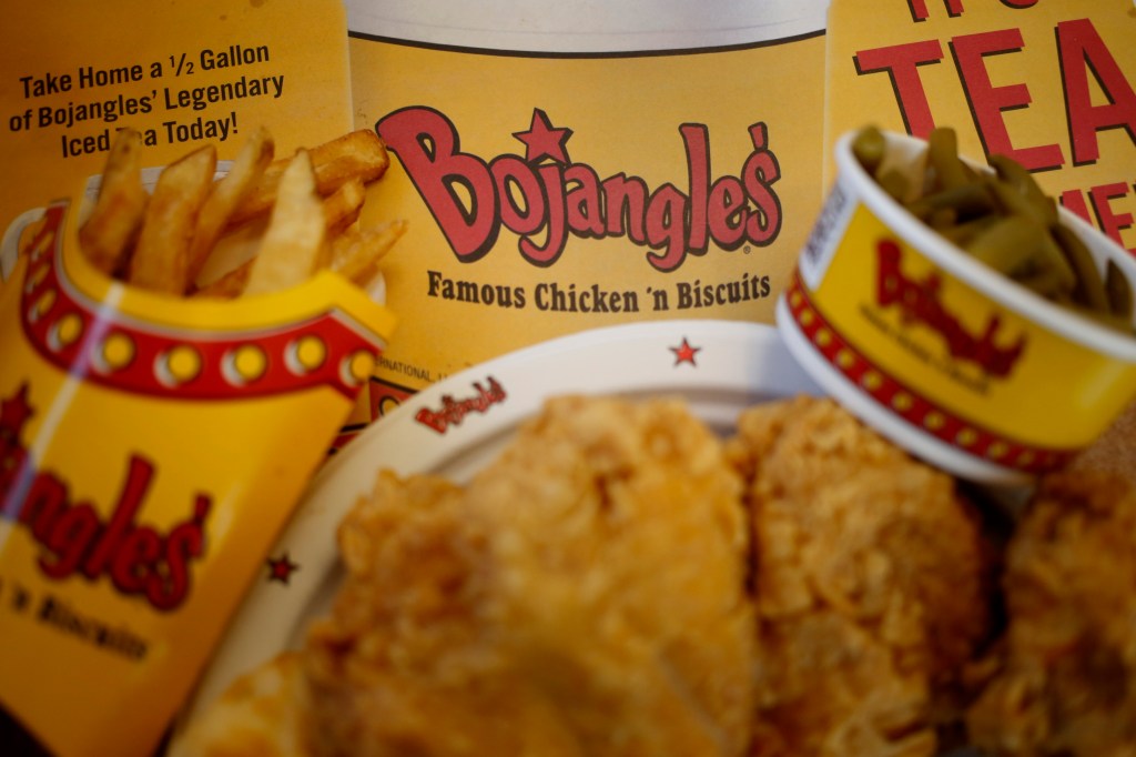 Bojangles' fried chicken, fries, and tea.