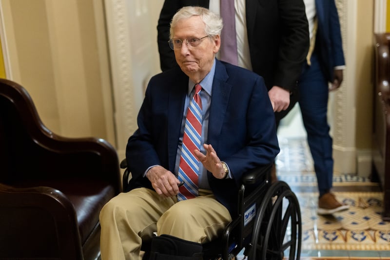 WASHINGTON, DC - FEBRUARY 26: Senator Mitch McConnell (R-KY) departs a Senate Republican caucus luncheon inside the U.S. Capitol building in Washington, DC on February 26, 2025. (Photo by Nathan Posner/Anadolu via Getty Images)