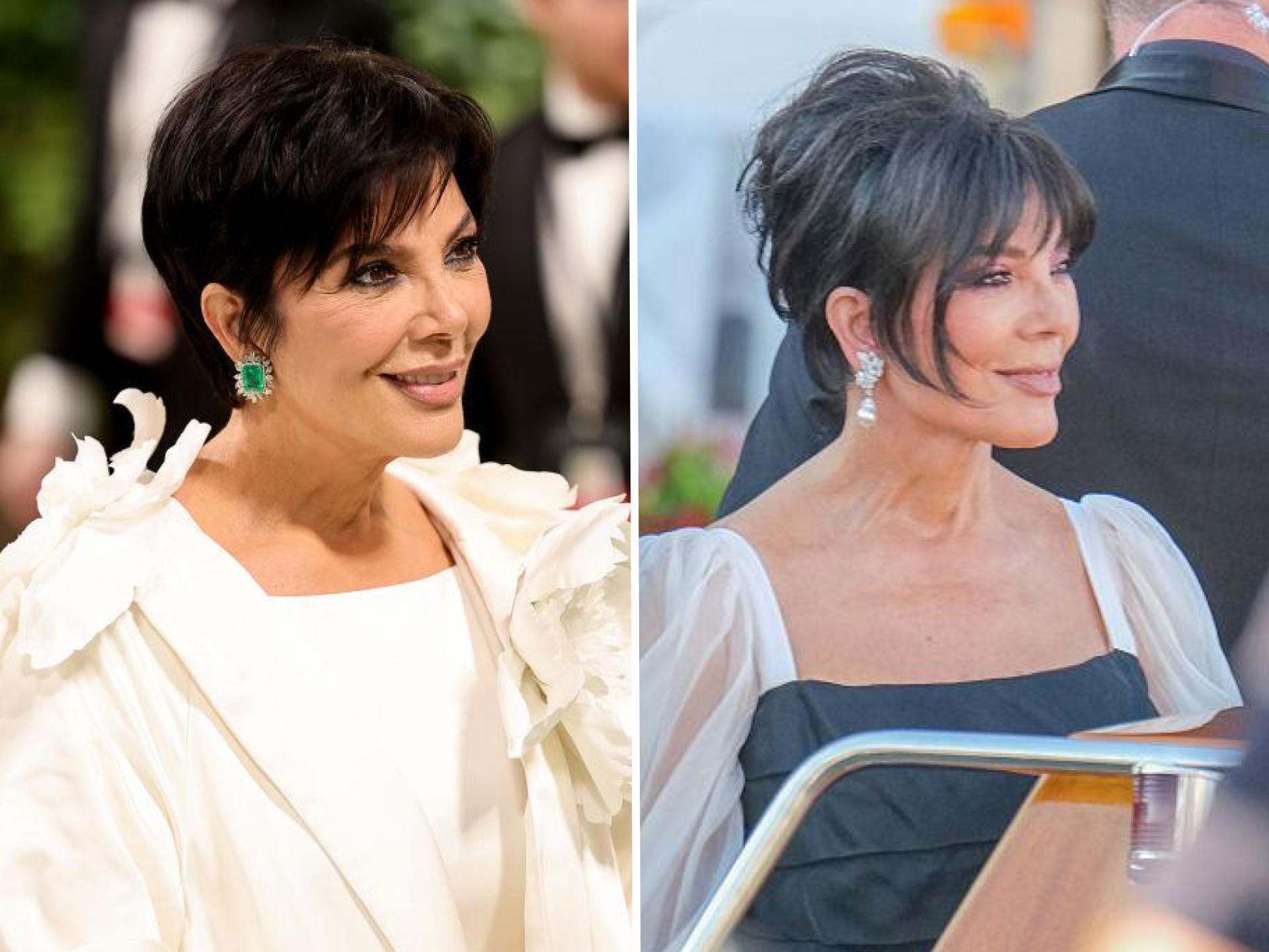 A composite image. On the left, Kris Jenner in 2024 at the Met Gala. On the right, Jenner in 2025.